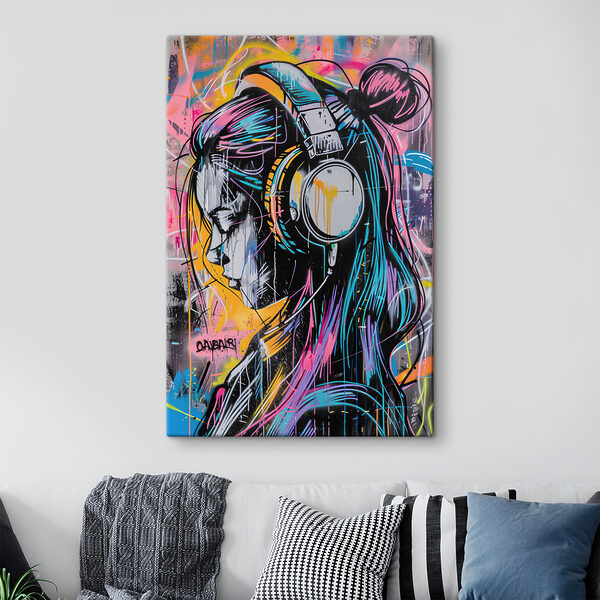 Graffiti d'une femme avec des écouteurs Tableaux Graffiti d'une femme avec des écouteurs
