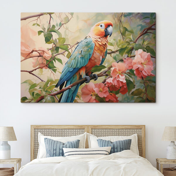 Oiseau coloré assis sur une branche avec des fleurs Tableaux Oiseau coloré assis sur une branche avec des fleurs