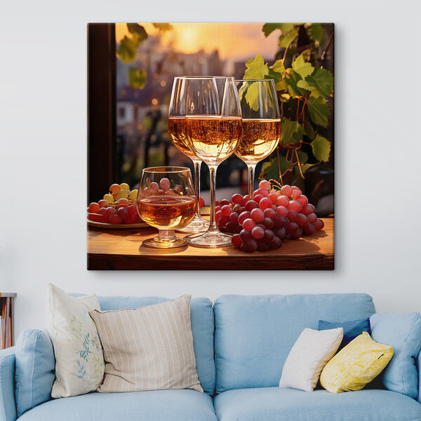 Groupe de verres à vin et de raisins sur une table Tableaux Groupe de verres à vin et de raisins sur une table