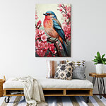 Tableaux Oiseau coloré assis sur une branche avec des fleurs roses