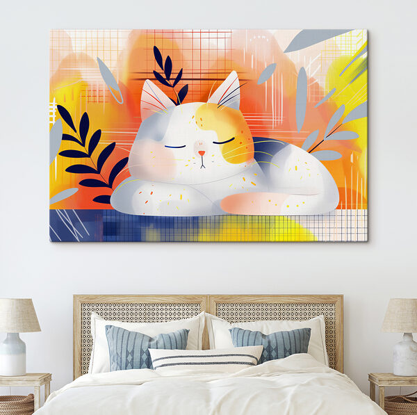 Chat dormant avec des feuilles sur la tête Tableaux Chat dormant avec des feuilles sur la tête