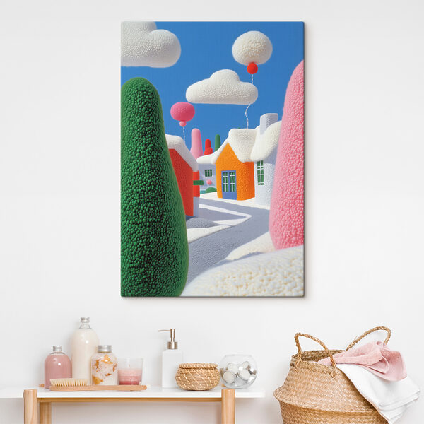 Ville de dessin animé avec des arbres et des ballons Tableaux Ville de dessin animé avec des arbres et des ballons
