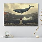 Tableaux Femme regardant une baleine volant au-dessus d'un volcan