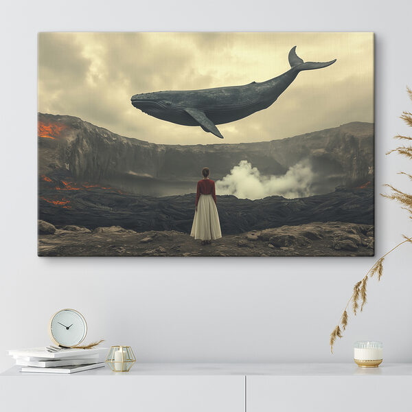 Femme regardant une baleine volant au-dessus d'un volcan Tableaux Femme regardant une baleine volant au-dessus d'un volcan