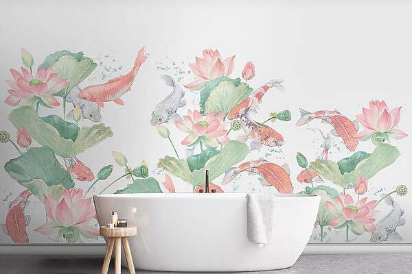 Papier peint Papier peint Aquarelle de poissons et de fleurs (UGS : w01821v1)