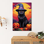 Tableaux Chat noir portant un chapeau et des citrouilles