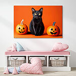 Tableaux Chat noir assis à côté de deux citrouilles