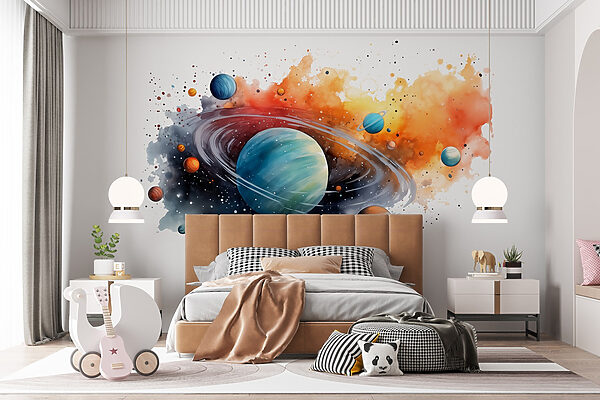Aquarelle de planètes et d'étoiles Papier peint Aquarelle de planètes et d'étoiles