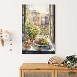 Tableaux Peinture à l'aquarelle d'une table avec de la nourriture et des fleurs devant une fenêtre
