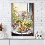 Tableaux Aquarelle de fleurs et de fruits sur une table devant une fenêtre