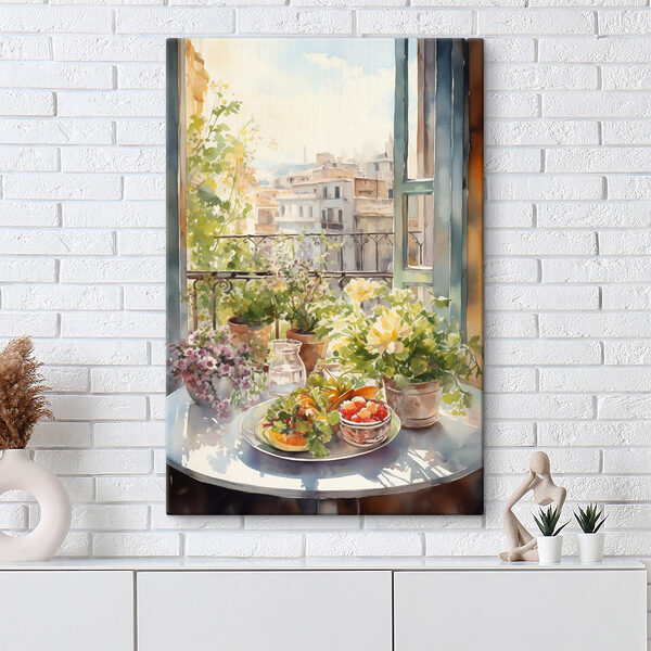 Aquarelle de fleurs et de fruits sur une table devant une fenêtre Tableaux Aquarelle de fleurs et de fruits sur une table devant une fenêtre