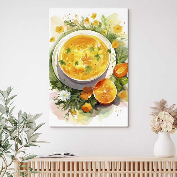 Bol de soupe orange avec fleurs et feuilles Tableaux Bol de soupe orange avec fleurs et feuilles