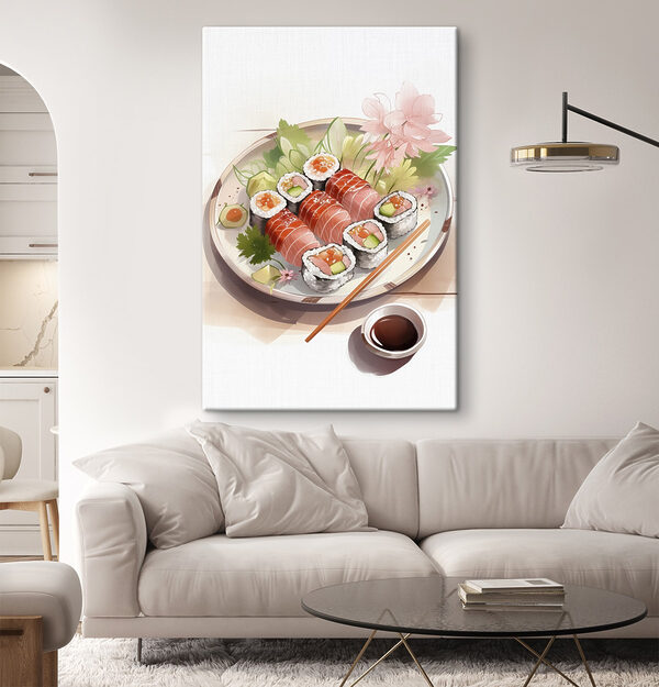 Assiette de sushis avec sauce et fleurs Tableaux Assiette de sushis avec sauce et fleurs