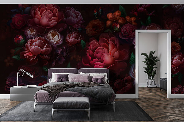 Groupe de fleurs sur fond sombre Papier peint Groupe de fleurs sur fond sombre
