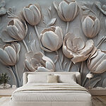 Papier peint Sculpture de fleurs blanches sur un mur