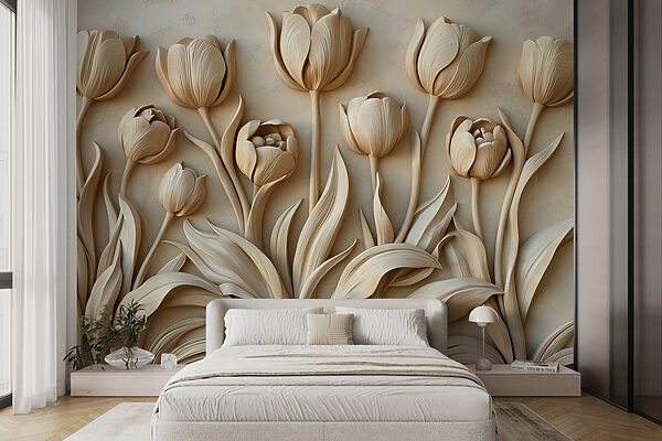 Papier peint Sculptures de tulipes élégantes de couleur beige en fleurs