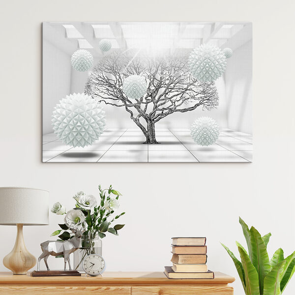 Arbre avec des boules blanches flottant dans l'air Tableaux Arbre avec des boules blanches flottant dans l'air