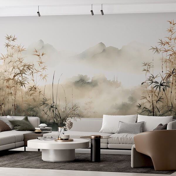 Peinture d'un paysage avec des plantes et du brouillard Papier peint Peinture d'un paysage avec des plantes et du brouillard