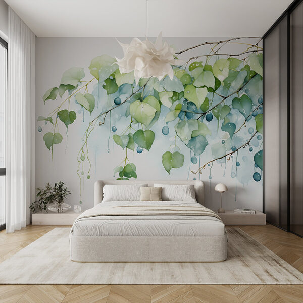 Aquarelle d'une branche avec des feuilles et des baies bleues Papier peint Aquarelle d'une branche avec des feuilles et des baies bleues