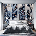 Papier peint Motif floral avec des fleurs et des feuilles bleues et blanches
