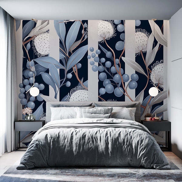 Motif floral avec des fleurs et des feuilles bleues et blanches Papier peint Motif floral avec des fleurs et des feuilles bleues et blanches