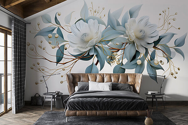 Fleurs et feuilles blanches Papier peint Fleurs et feuilles blanches