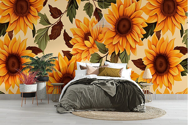 Motif de tournesols et de feuilles Papier peint Motif de tournesols et de feuilles