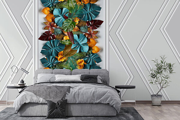 Porte blanche avec des feuilles colorées Papier peint Porte blanche avec des feuilles colorées