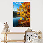 Tableaux Lac avec des arbres et des feuilles sur le sol