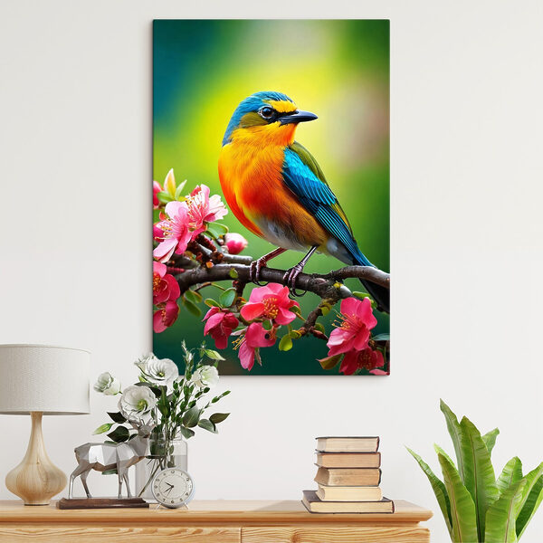 Oiseau coloré sur une branche avec des fleurs roses Tableaux Oiseau coloré sur une branche avec des fleurs roses