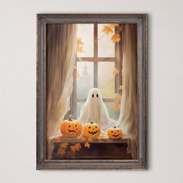 Groupe de citrouilles et fantôme assis sur le rebord d'une fenêtre Tableaux Groupe de citrouilles et fantôme assis sur le rebord d'une fenêtre