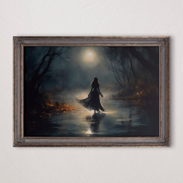 Tableaux Femme marchant dans une forêt sombre