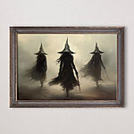 Tableaux Groupe de femmes en robes et chapeaux noirs marchant dans le brouillard