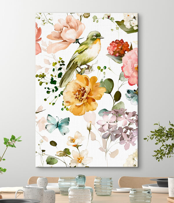Tableaux Oiseau et fleurs sur fond blanc