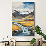Tableaux Rivière traversant une vallée avec des montagnes et un village