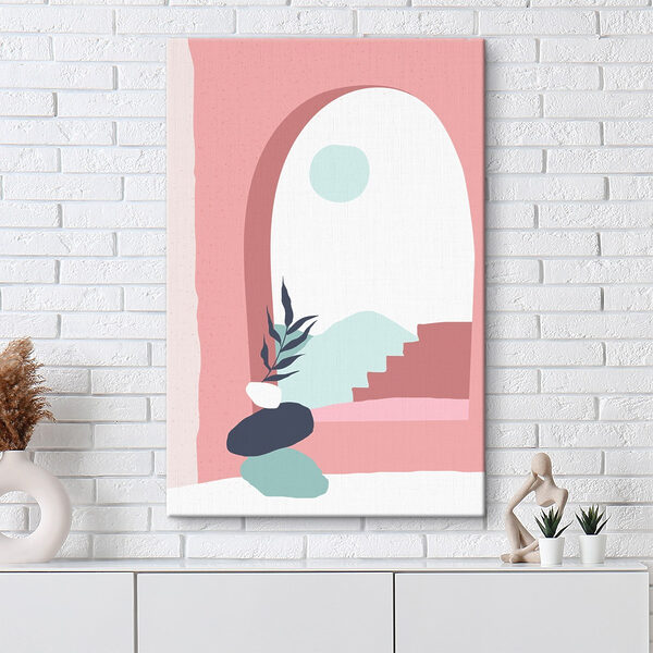 Illustration rose et bleue d'une fenêtre avec une plante dans un vase Tableaux Illustration rose et bleue d'une fenêtre avec une plante dans un vase