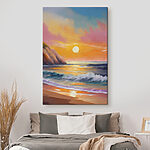 Tableaux Peinture d'une plage avec des vagues et des collines
