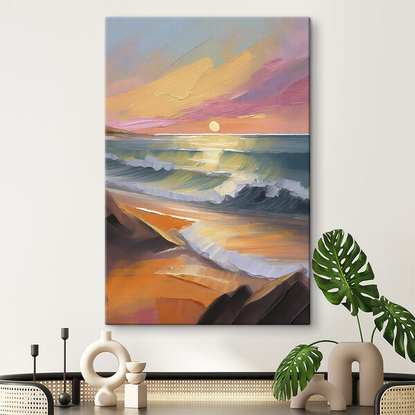 Peinture d'une plage avec des vagues et un coucher de soleil Tableaux Peinture d'une plage avec des vagues et un coucher de soleil