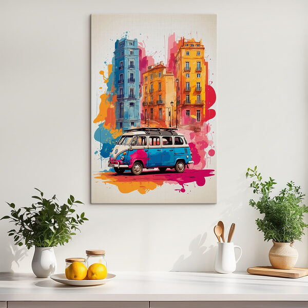 Camionnette avec un toit sur le dessus et un bâtiment coloré Tableaux Camionnette avec un toit sur le dessus et un bâtiment coloré
