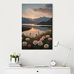 Tableaux Lac avec fleurs et montagnes en arrière-plan