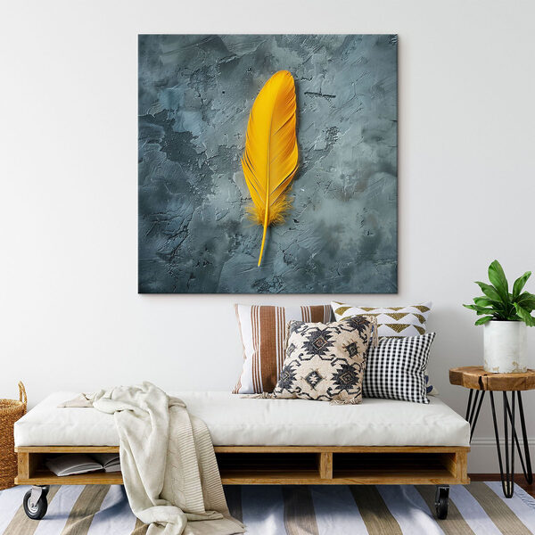 Plume jaune sur une surface grise Tableaux Plume jaune sur une surface grise