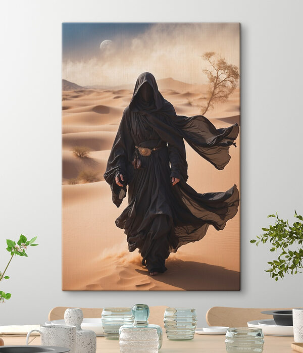Personne en robe noire marchant dans le désert Tableaux Personne en robe noire marchant dans le désert