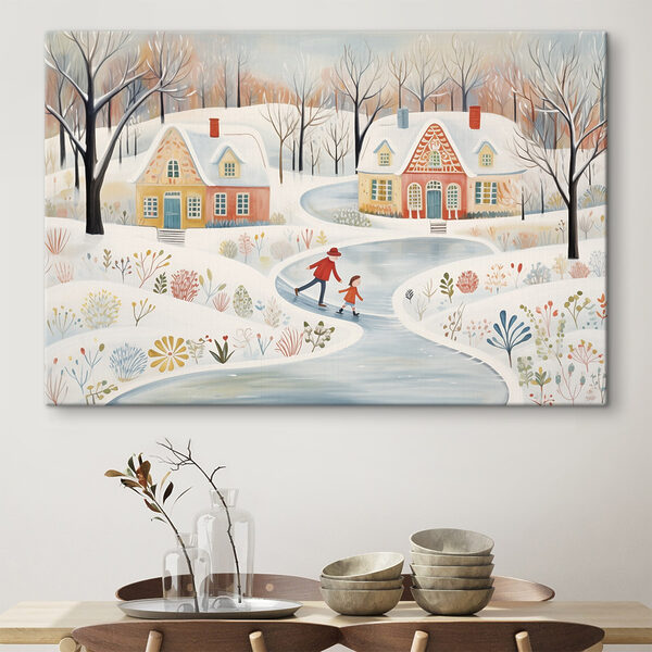 Peinture d'un couple de personnes patinant sur une route enneigée Tableaux Peinture d'un couple de personnes patinant sur une route enneigée