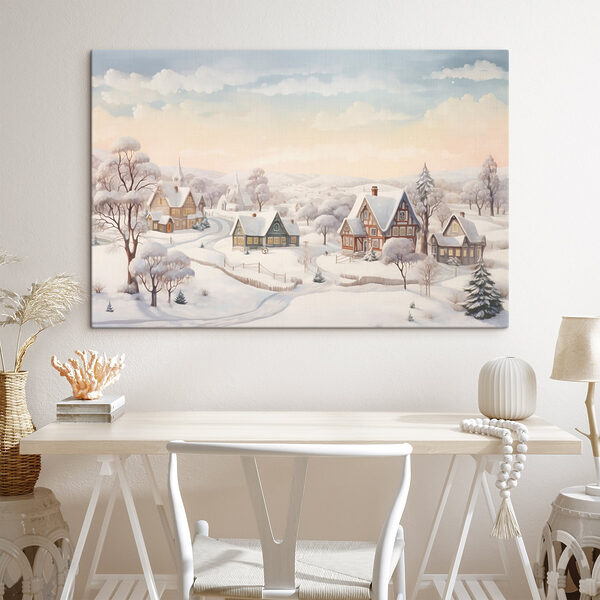 Village enneigé avec maisons et arbres Tableaux Village enneigé avec maisons et arbres