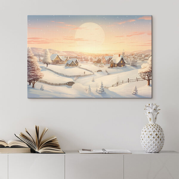 Village enneigé avec des arbres et une clôture Tableaux Village enneigé avec des arbres et une clôture