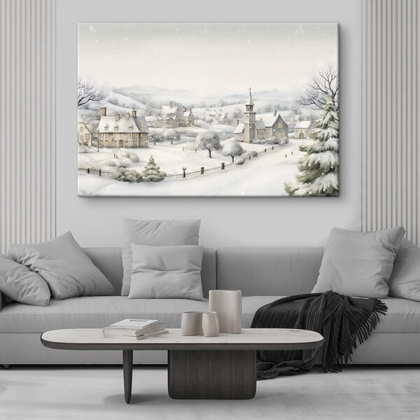 Village enneigé avec église et arbres Tableaux Village enneigé avec église et arbres