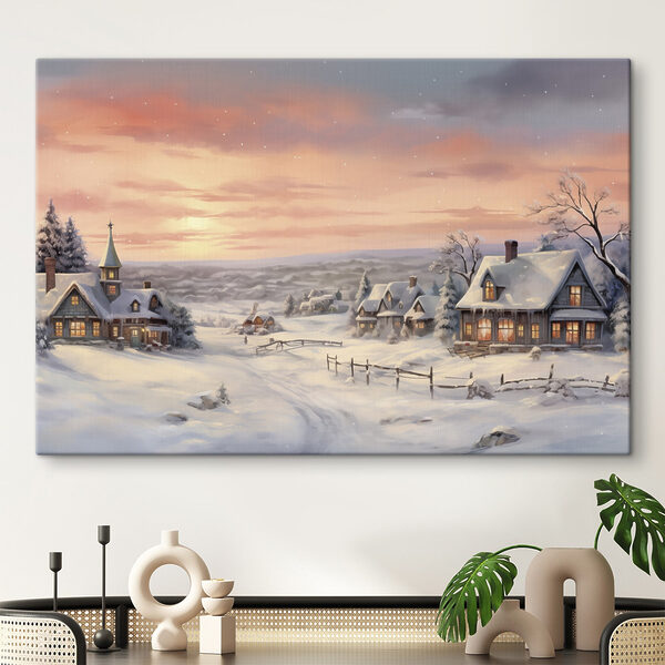 Village enneigé avec des maisons et une clôture Tableaux Village enneigé avec des maisons et une clôture