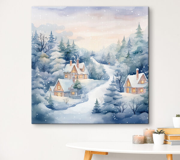 Peinture de maisons dans une forêt enneigée Tableaux Peinture de maisons dans une forêt enneigée