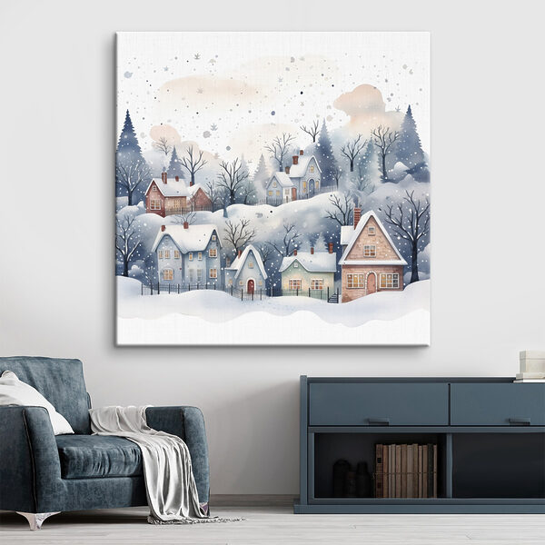 Aquarelle de maisons et d'arbres dans la neige Tableaux Aquarelle de maisons et d'arbres dans la neige