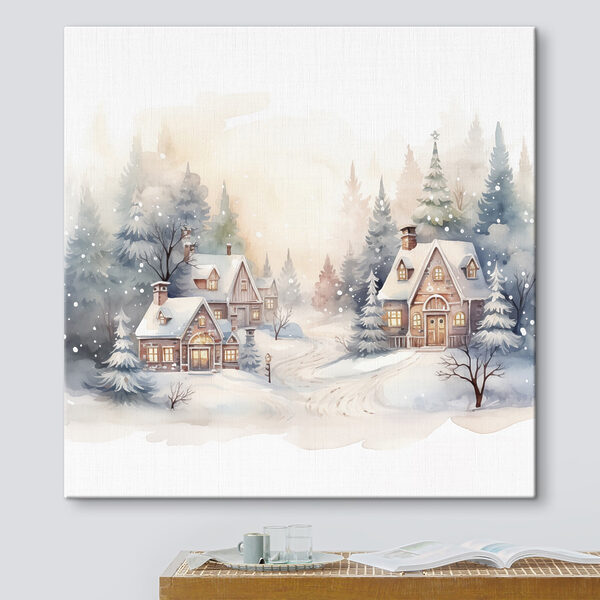 Aquarelle de maisons dans une forêt enneigée Tableaux Aquarelle de maisons dans une forêt enneigée